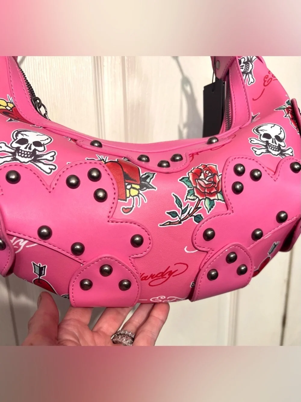 💕Ed Hardy Hot Pink Studded Skull & Rose Shoulder Bag-NWT💕